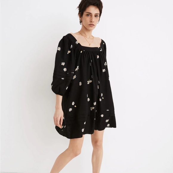 NWOT Madewell Square-Neck Pleat-Detail Black Mini Dress in Lazy Daisies XXS - Picture 1 of 11